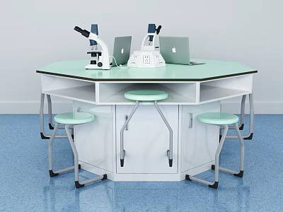 Functional Hexagonal Laboratory Table With Green Tabletop White Cabinets Microscopes And Laptops 3d model