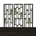 Modern Wooden Room Dividers With Geometric Design And Green Plants On Shelves
