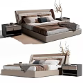 Modern Double Bed With Leather Headboard Bedside Tables Neutral Tones Pillows And Blanket 3d model