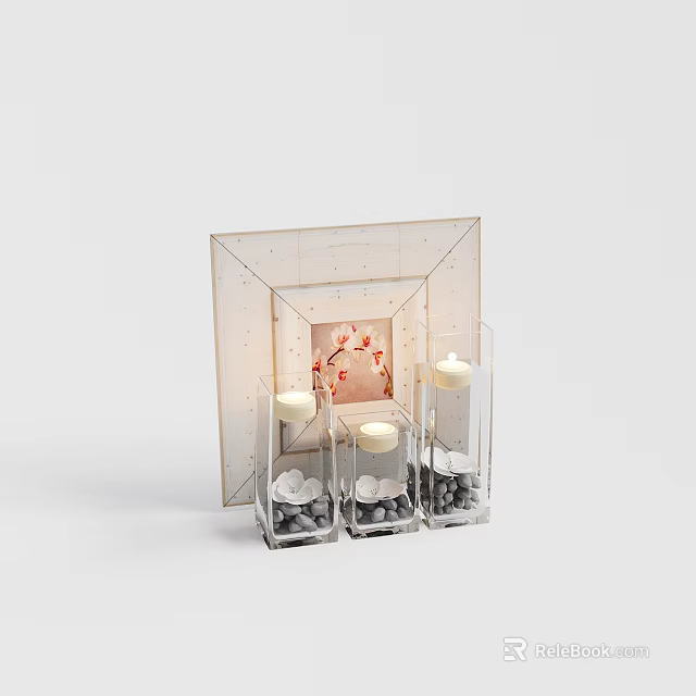 Modern Decorative Ornament Set With Glass Frame Candle Holders Pebbles And Flower Design 3d model 