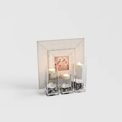 Modern Decorative Ornament Set With Glass Frame Candle Holders Pebbles And Flower Design 3d model