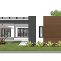 Modern Detached Villa Black And White Exterior Wooden Panels Large Windows Green Lawn Outdoor Seating
