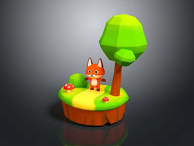Low Poly Style Cartoon Fox Game Character with Green Tree Red Mushrooms on Small Island 3d model