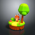 Low Poly Style Cartoon Fox Game Character with Green Tree Red Mushrooms on Small Island