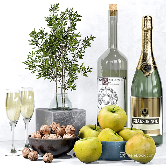 Champagne Bottle And Wine Glasses With Olive Tree Apples And Walnuts On Table 3d model 
