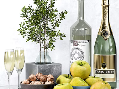 Champagne Bottle And Wine Glasses With Olive Tree Apples And Walnuts On Table 3d model