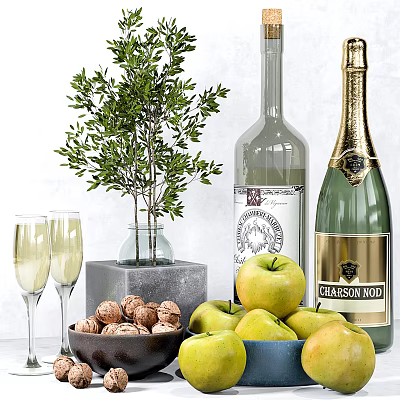 Champagne Bottle And Wine Glasses With Olive Tree Apples And Walnuts On Table 3d model