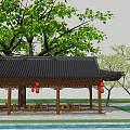 Chinese Style Pavilion With Black Roof And Red Lanterns Near Trees And Water