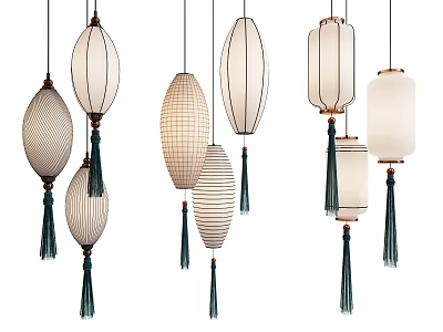 Multiple Elegant Pendant Lights With Various Shapes Woven Fabric And Tassel Decorations 3d model