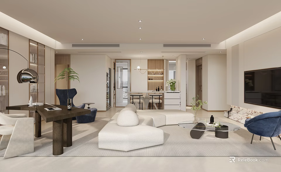 Modern Living Dining Room Interior With Sofa Coffee Table Dining Chairs And Green Plant 3d model 