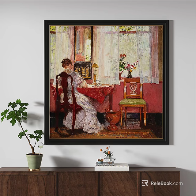 Oil Painting Featuring Lady in White Dress at Red Table with Flower Vase Curtains Cat 3d model 