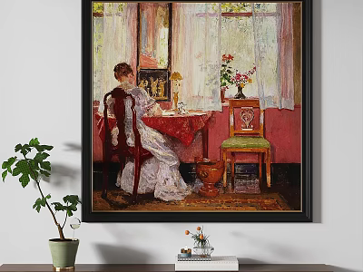 Oil Painting Featuring Lady in White Dress at Red Table with Flower Vase Curtains Cat 3d model