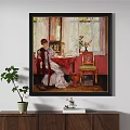 Oil Painting Featuring Lady in White Dress at Red Table with Flower Vase Curtains Cat