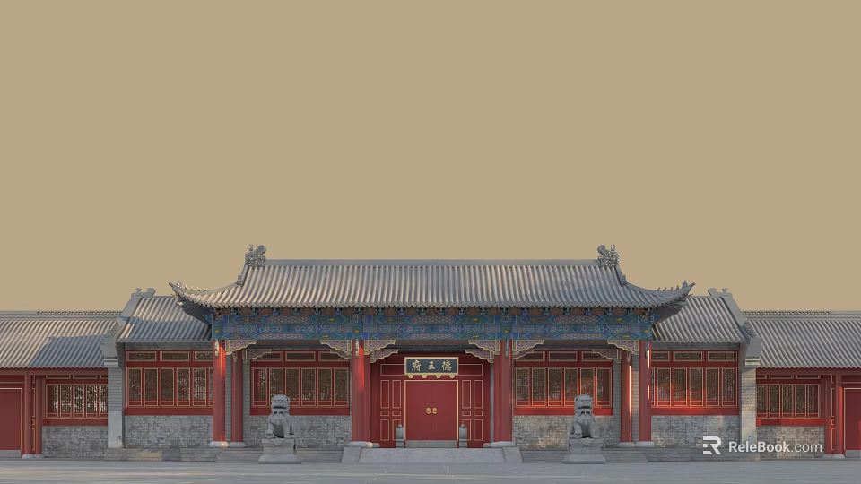 Traditional Chinese Ancient Architecture Facade With Red Wooden Doors Curved Eaves And Stone Lions 3d model 