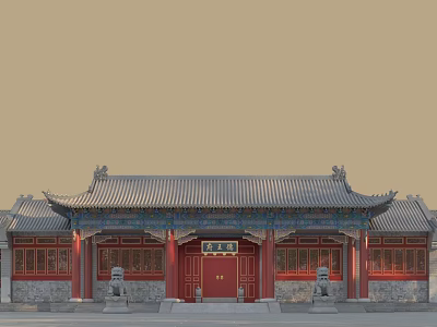 Traditional Chinese Ancient Architecture Facade With Red Wooden Doors Curved Eaves And Stone Lions 3d model