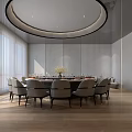 Spacious Private Dining Room With Round Table Gray Chairs And Modern Ceiling 3d model