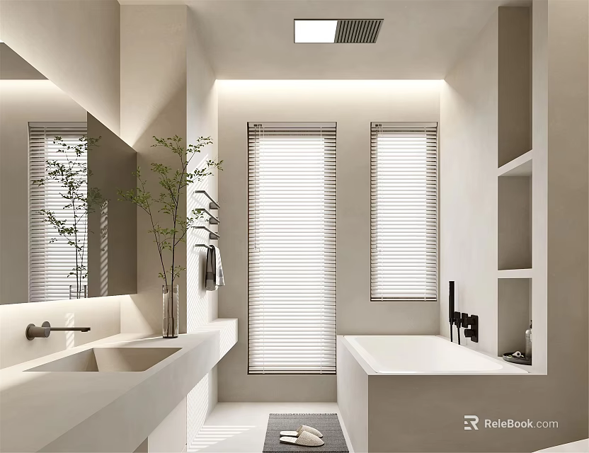 Modern Bathroom Interior Design With Bathtub Vanity Mirror Blinds And Plant Shelves 3d model 
