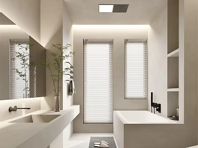 Modern Bathroom Interior Design With Bathtub Vanity Mirror Blinds And Plant Shelves 3d model