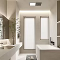 Modern Bathroom Interior Design With Bathtub Vanity Mirror Blinds And Plant Shelves