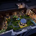 Courtyard Garden Landscape With Night Lighting Lawn Stone Pathway Water Feature And Umbrella
