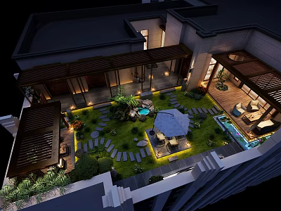 Courtyard Garden Landscape With Night Lighting Lawn Stone Pathway Water Feature And Umbrella 3d model