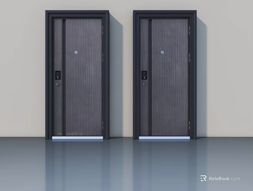 Two Modern Swing Doors With Dark Frames And Wooden Panel Interior Design 3d model