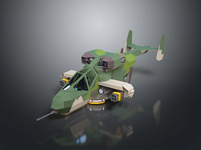 Camouflage Military Weapon 3D Model With Rotors Wheels And Cannon Structure 3d model