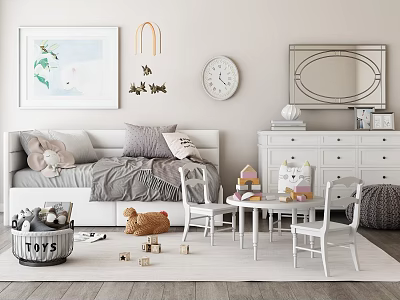 Warm Kids Room Interior Design With Bed Toys Table Chairs Clock Mirror And Wall Art 3d model