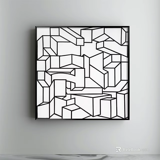 Modern Abstract Black and White Geometric Pattern Artwork Hanging on White Wall 3d model 