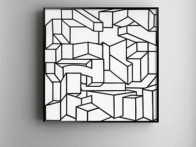 Modern Abstract Black and White Geometric Pattern Artwork Hanging on White Wall 3d model