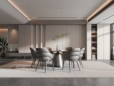 Modern Luxury Restaurant Interior With Dining Table Leather Chairs Green Plant And Striped Rug 3d model