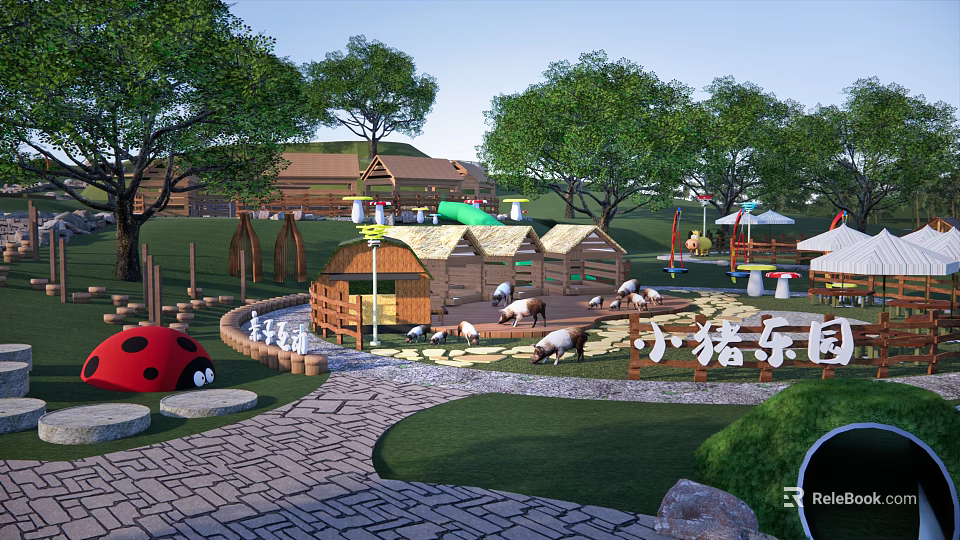 Vibrant Piglet Playground Featuring Wooden Huts Green Trees Pathways And Grass Areas 3d model 
