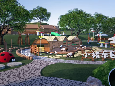 Vibrant Piglet Playground Featuring Wooden Huts Green Trees Pathways And Grass Areas 3d model