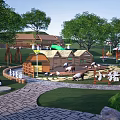 Vibrant Piglet Playground Featuring Wooden Huts Green Trees Pathways And Grass Areas