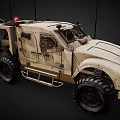 Armored Military Off-Road Vehicle With Large Tires Beige Antennas Worn Metal Frame And Side Windows