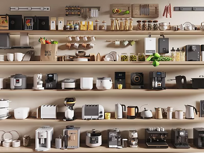 Diverse Range Of Kitchen Appliances Displayed On Shelves With Cooking Tools 3d model