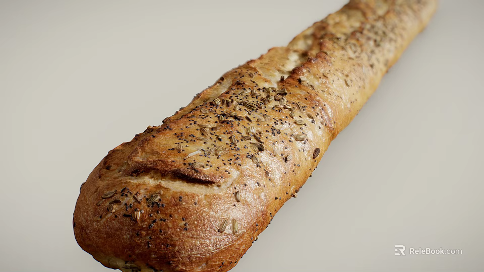 Freshly Baked Golden Brown Baguette with Sesame Seeds and Herbs Crusty Exterior 3d model 