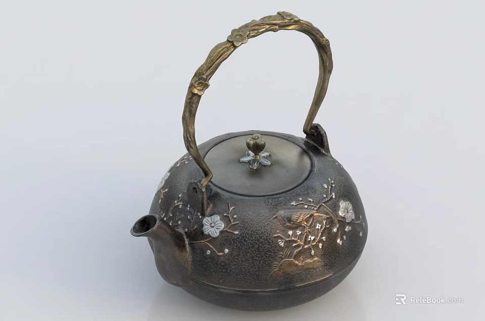Elegant Traditional Cast Iron Teapot With Golden Handle And Floral Patterns 3d model 