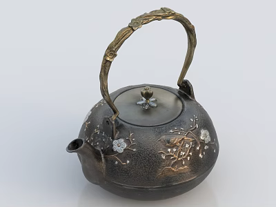 Elegant Traditional Cast Iron Teapot With Golden Handle And Floral Patterns 3d model