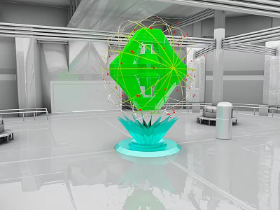 Industrial Interior Landscape Featuring Green Geometric Shape Blue Base And Colorful Lines 3d model