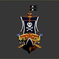 Pirate Ship Play Equipment with Yellow Hull Blue Sails Red Cabin and Black Skull Flags