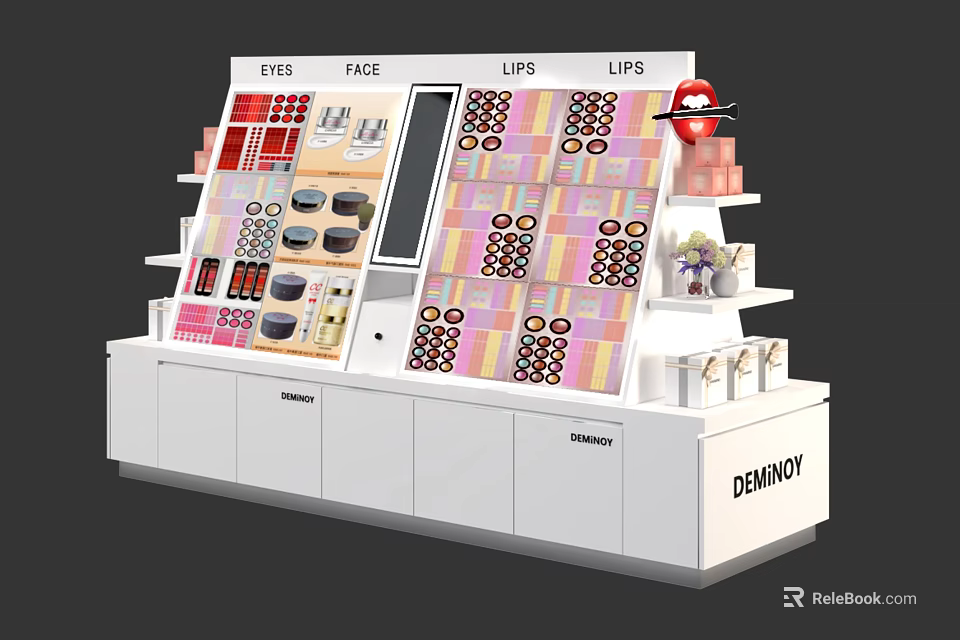 Cosmetics Store Display With Eyes Face Lips Sections And Revinity Makeup Products 3d model