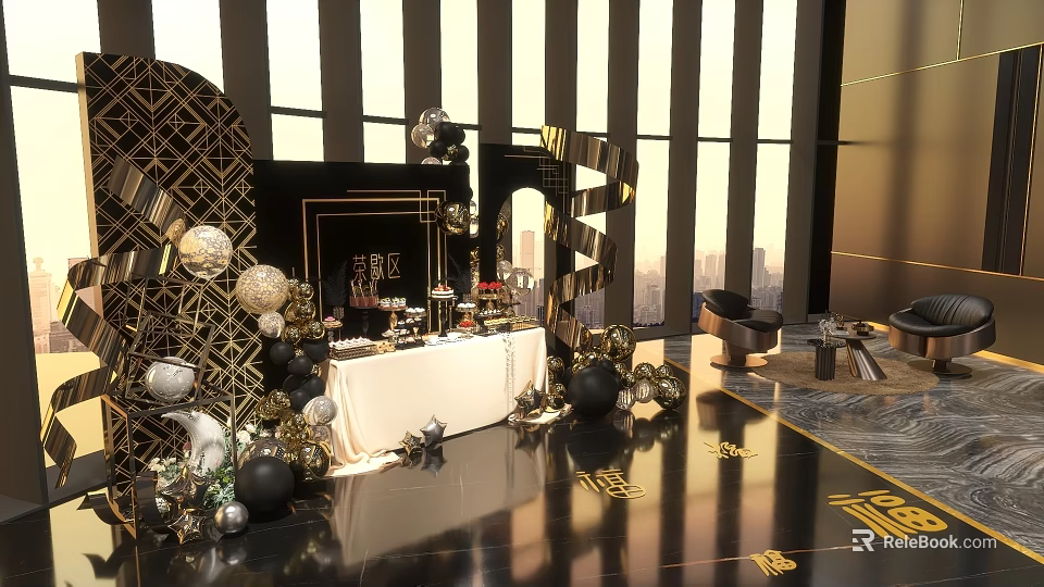 Black Gold Photo Check In Spot With Geometric Decorations Dessert Table And City Skyline 3d model 