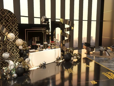 Black Gold Photo Check In Spot With Geometric Decorations Dessert Table And City Skyline 3d model