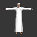 Middle Eastern Man In Traditional White Robe With Headscarf Standing Arms Outstretched On Dark Background