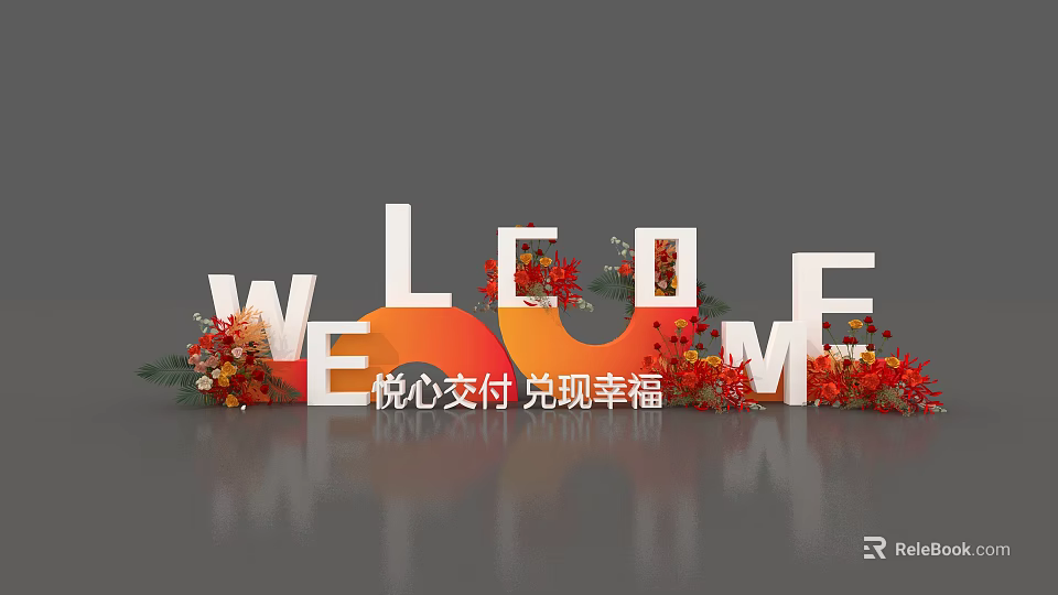 3D Welcome Letters Decorated With Red Orange Flowers And Floral Arrangements For Event Decoration 3d model 