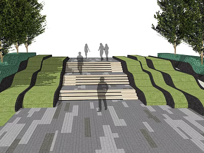 Stairs In Green Landscape With Trees People Walking And Paved Ground Area 3d model