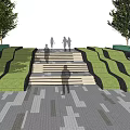 Stairs In Green Landscape With Trees People Walking And Paved Ground Area