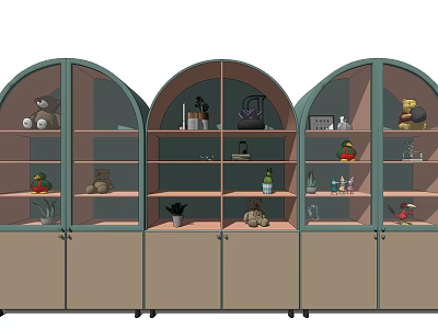 Stylish Decorative Cabinet With Arched Glass Doors Displaying Dolls Plants And Ornaments 3d model