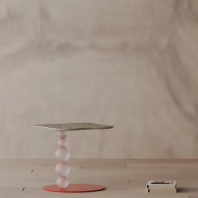 Minimalist Modern Bedside Table with Round Light Colored Patterned Tabletop and Pink Spherical Support Legs 3d model